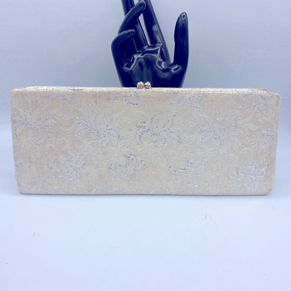 Vintage P B Made In USA White/Cream And Silver Brocade Evening Clutch Purse Bag